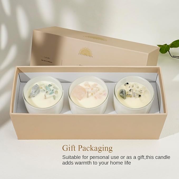 AvaConcept Healing Crystal Candle Gift Set – Set of 3 Celestite, Rose Quartz & Moonstone Hand-Poured Soy Wax Sea Salt Driftwood, Blackcurrant Rose & Amber Noir Aromatherapy Scents Premium Gift Box