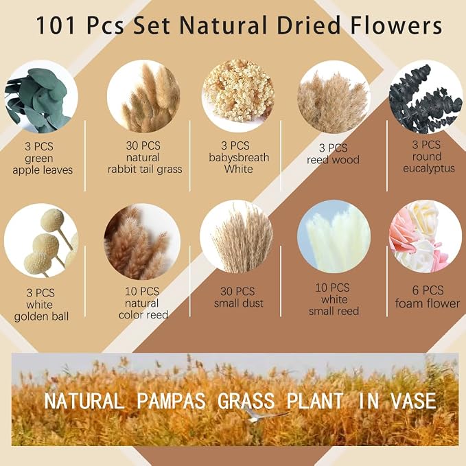 101pcs Artificial Flowers in Vase Natural Dried Pampas Grass Decor with Vase Boho Home Decor Bouquet Bunny Tails Dried Flowers, Reed Grass Bouquet for Wedding Floral Arrangements (101pcs)