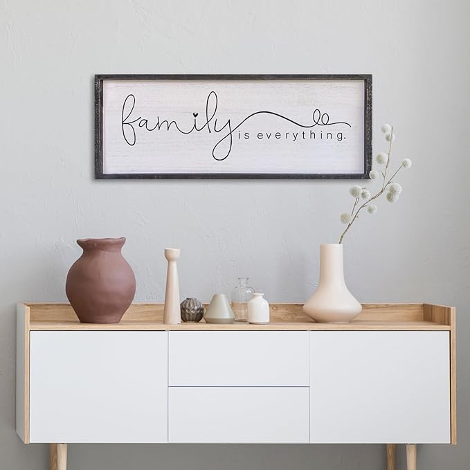 Family is Everything Wall Decor 32"x12" Living Room Large Warm Wood Framed Farmhouse Vintage Sign Home Beautiful And Simple Ready To Hang Hallway Entryway Wall Art Decoration (Black)