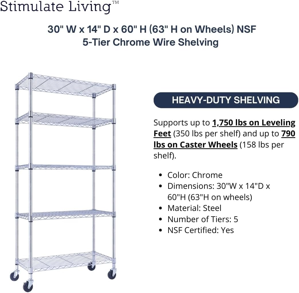 30"x14"x60" PRIME HEAVY DUTY Chrome 5-Tier Wire Shelving 1,750 LBS MAX Capacity Storage Rack for Commercial, School, Home, Garage, Warehouse, Industrial, and Hospital Uses (with Wheels)