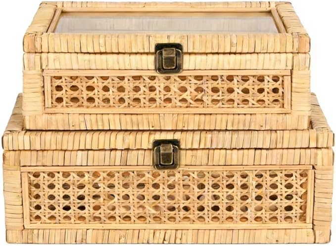 Extra Large Rattan Decorative Box With Lid, Glass Display, Wooden frame，Large size and Rectangular, Set of 2 Woven Decorative Boxes