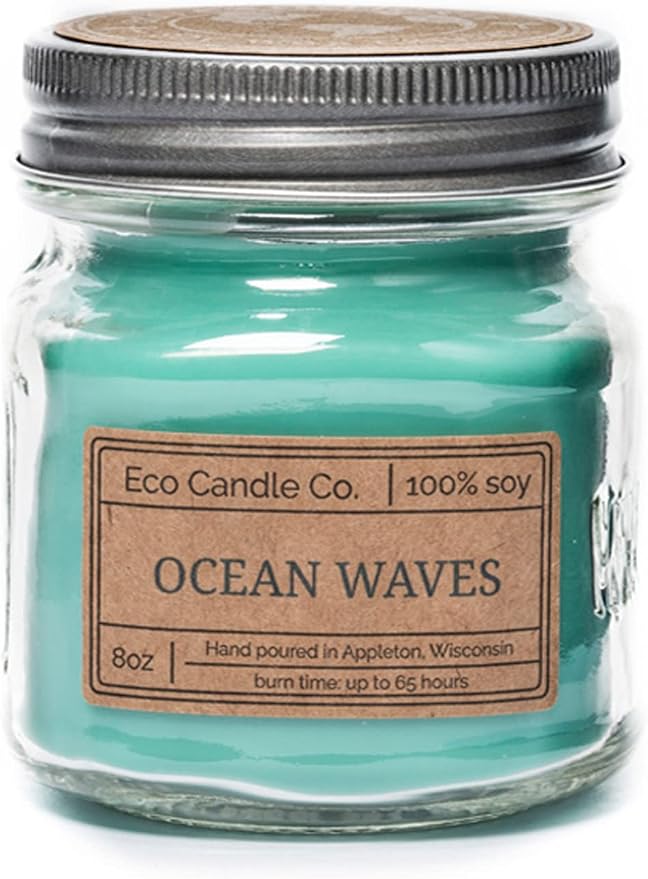 ECO CANDLE CO. Mason Jar Candle, Ocean Waves, 8 oz. - Scents of Marine Air, Citrus, & Musk - 100% Soy Wax, No Lead, Kraft Label & Antiqued Pewter Lid, Hand Poured, Made from Midwest Grown Soybeans