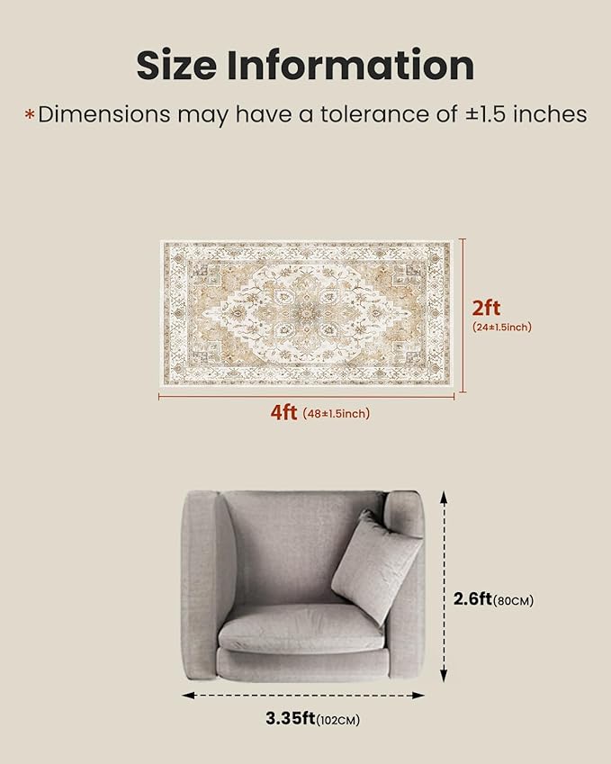 AMADA HOMEFURNISHING 2x4 Washable Area Rug, Low-Profile Entryway Rug with Non-Slip Backing & Durable Edge Binding, Vintage Rug Pattern, Small Rugs for Entryway, Kitchen & Living Room