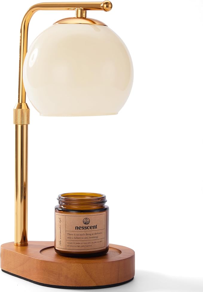 Ivory Glass Candle Warmer Lamp Adjustable Height with Timer 2 4 8H | Warm Gold Hardware | Dark Walnut Base | Dimmer Wax Melt Warmer Includes Candle and Bulbs