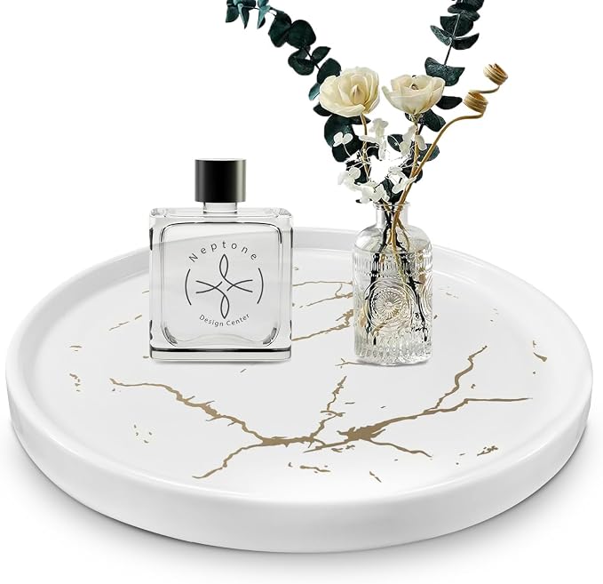 White Round Marble Bathroom Sink Vanity Tray, Coffee Table Stone Tray, Soap Dish for Kitchen Counter (White, 8 in)