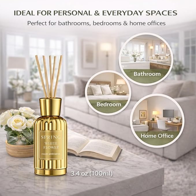 SPRING Reed Diffuser Set – Luxury Everyday Home Fragrance | Fragrance Made in France | White Flower Scent (Lily, Jasmine & Tuberose) | Alcohol-Free | 3.4 oz (100 ml)