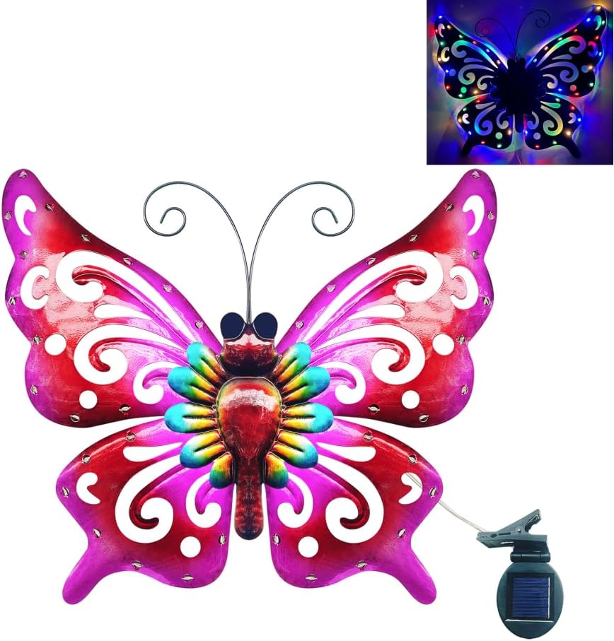Solar Garden Light, Metal Butterfly Wall Art, 19" Large Hanging Decor for Garden Patio Fences Porch Yard Art Outdoor Wall Decor, Weatherproof Decorative Lighting, Housewarming Wedding Birthday Gift