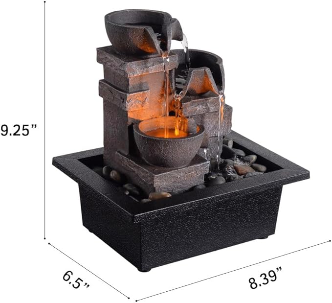 MAOCHI Indoor Fountain 3-Bowl Rockery Soothing Sound Tabletop Fountains Home/Office Decor with Natural River Rocks LED Lights Automatic Watering Pump(22044A)