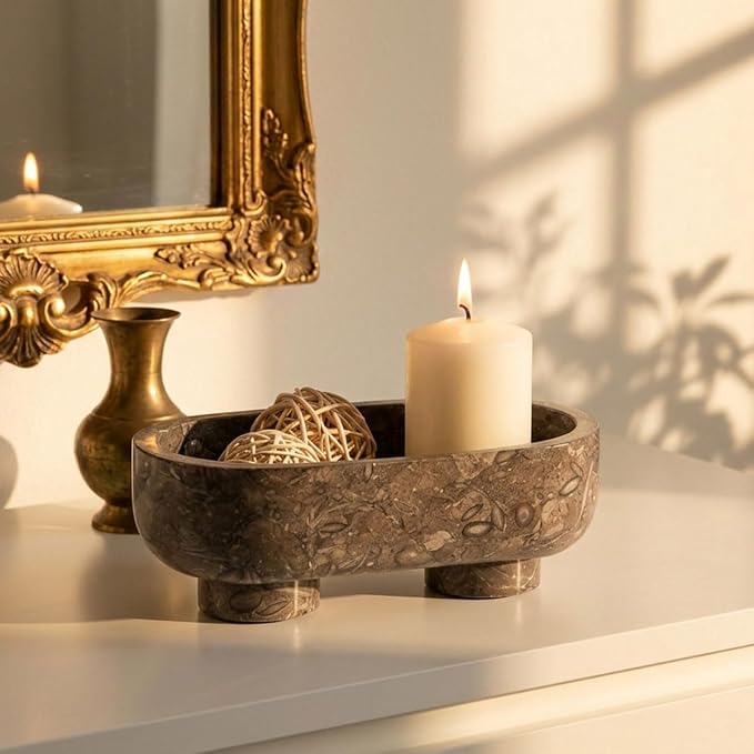 Radicaln Marble Oval Bowl With Stand 10" Inches Oceanic Handmade Decorative Bowl, Ideal Key Bowl & Candle Holder, Candy and fruit Dish For Kitchen Countertop