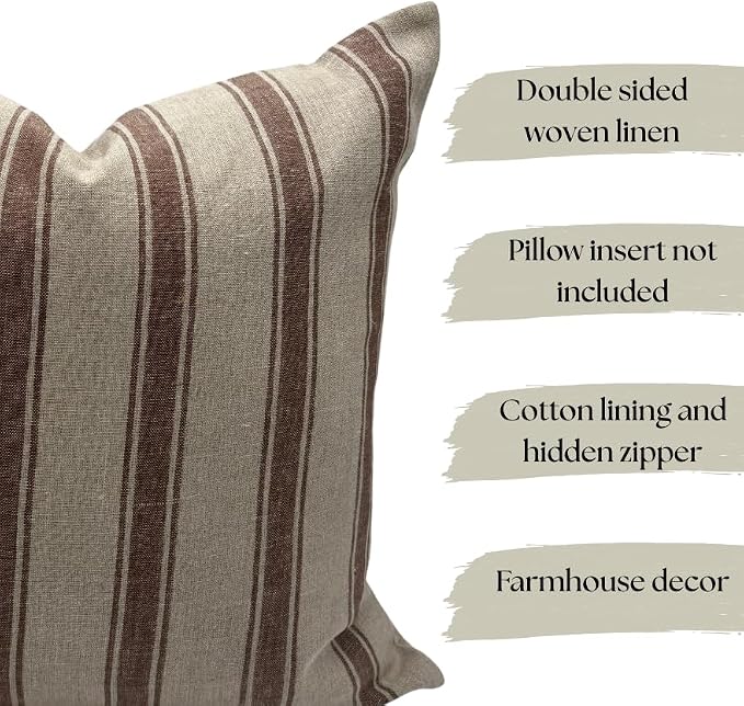 Linen Throw Pillow Covers Stripe Brown Pillow Cover Spring Decorative Pillow Covers for Living Room, Bedroom (Brown Stripes, 22" L x 22" W)