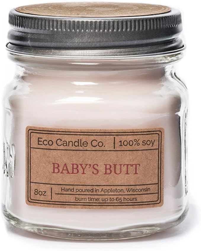 ECO CANDLE CO. Mason Jar Candle, Baby's Butt, 8 oz. - Scents of Lavender, Baby Powder, & Vanilla - 100% Soy Wax, No Lead, Kraft Label & Antiqued Pewter Lid, Hand Poured, Midwest Grown Soybeans