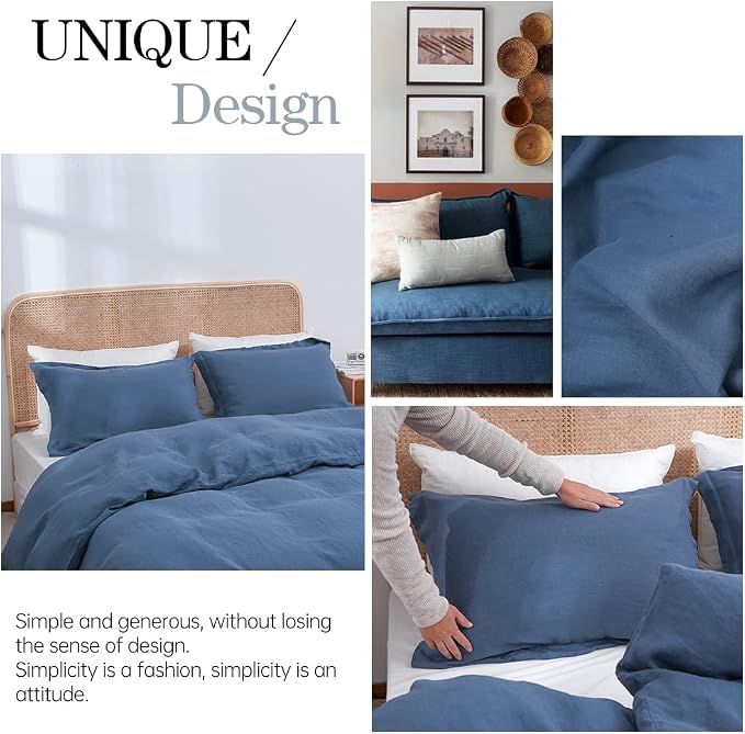 Simple&Opulence 100% Linen Duvet Cover Set 3pcs Basic Style Natural French Washed Flax Solid Color Soft Breathable Farmhouse Bedding with Button Closure - Classic Blue, King