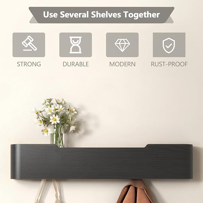 Wall Mounted Coat Rack with Shelf, Wooden Entryway Organizer with Hidden Metal Hooks for Hanging Coats Bags Keys, Modern Floating Shelf for Hallway Bathroom