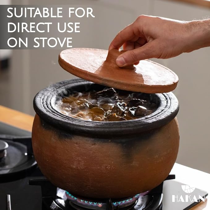 Hakan Efes Clay Cooking Pot with Lid, MIDI 2.9 Quarts Clay Pots for Cooking, Earthenware Rice Pots, UNGLAZED Traditional Casserole for STOVE Top, Portuguese Terracotta Roaster, 94.7 oz (2.8 L)