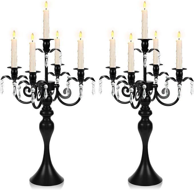 20''Tall Black Crystal Pendant Taper Candle Holders/Stylish Candle Stands/Candlesticks Holder/Candelabra for Home Decor, Weddings/Parties/Elegant Dining Table Centerpiece (2, Black)