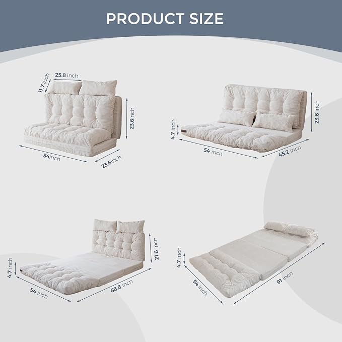 MAXYOYO Folding Sofa Bed, Tufted Bean Bag Bed with Pillows Floor Couch for Adults, Extra Thick and Long Floor Sofa, Full Floor Couch Bed for Bedroom Living Room, Beige, 54x91 Inch