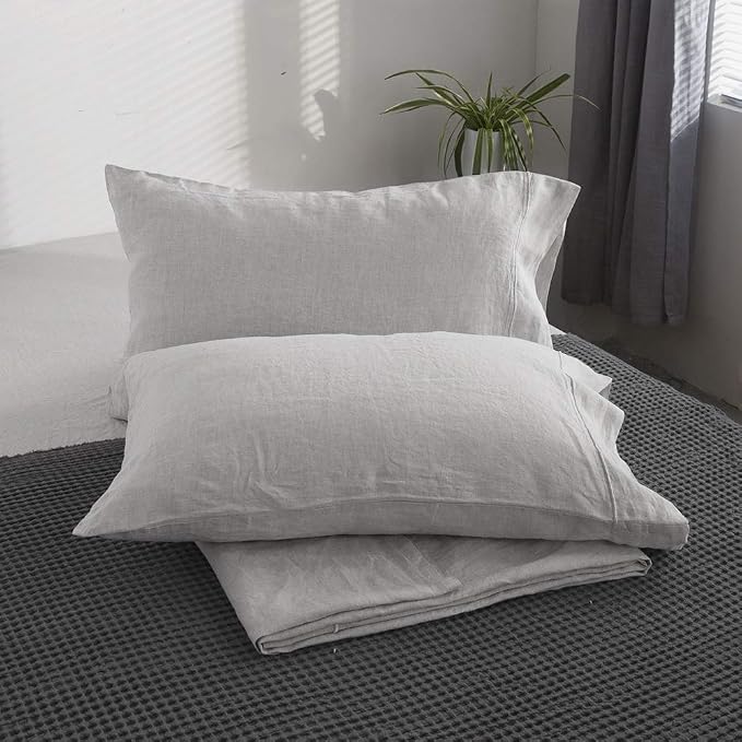 Simple&Opulence 100% French Linen Pillowcase King Size-Set of 2- Washed Solid Color Pillow Cases Embroidered -Soft and Durable (Grey, 20''x40'')