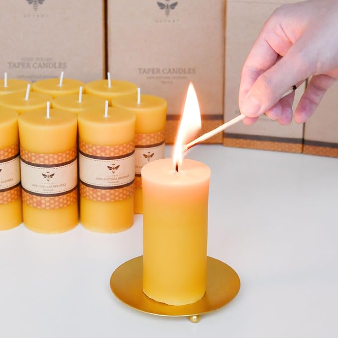 DEYBBY 2 x 4 inch Natural Beeswax Pillar Candles Set of 12, Smokeless Dripless Pure Beeswax Candle Bulk with Natural Scent for for Home Decor Blackout Housewarming Party Event, Long Burn, Yellow
