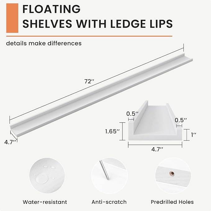 FLYJOE Picture Ledge Shelf, Floating Shelves Set of 2, Solid Ash Wood 72'' Long Large Nursery Book Shelves for Toys Storage, Kids Bookshelf for Living Room Bedroom Decor Books Photo Frames, White