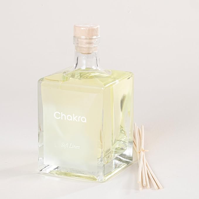 Chakra Reed Diffuser Set - Reed Diffusers for Home, Office and Living Spaces with Long-Lasting Fragrance, Scent Diffuser with Decorative Glass Bottle & Bamboo Sticks, 17 fl oz, Soft Linen