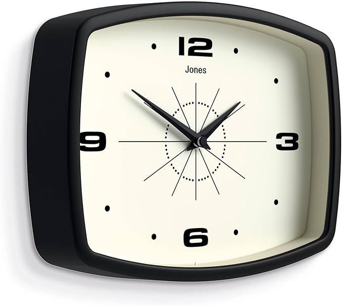 JONES CLOCKS® Movie wall Clock | Retro Rectangular Clock | 10 inch | Black | Cool mid-Century Designer Look for Kitchen, Living Room or Office