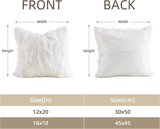 Genuine Rabbit Fur Throw Pillow Covers Set of 2,Luxury Decorative Pillowcases Soft Fluffy Animal Skin Accents Square Cushion Cover for Couch Sofa Bedroom Living Room Home,18x18 inch,White