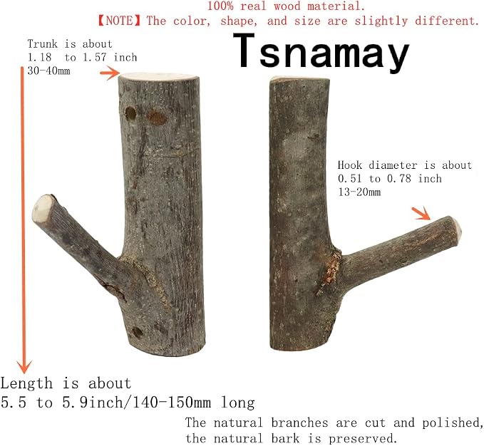 2Pcs Real Wood Tree Branch Wall Hook,Thickness 3cm-4cm with Screw | Farmhouse Rustic Decorative Wooden, with Bark Trunk