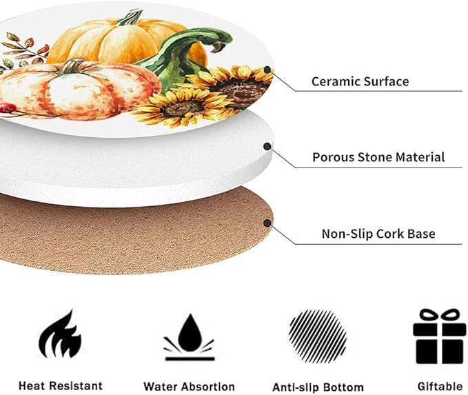 Drink Coasters for Drinks Set of 6, Autumn Pumpkins Sunflower and Berries Absorbent Round Ceramic Stone Mat Coaster, with Cork Base and Metal Holder, Home Bar Decor House Warming Gift
