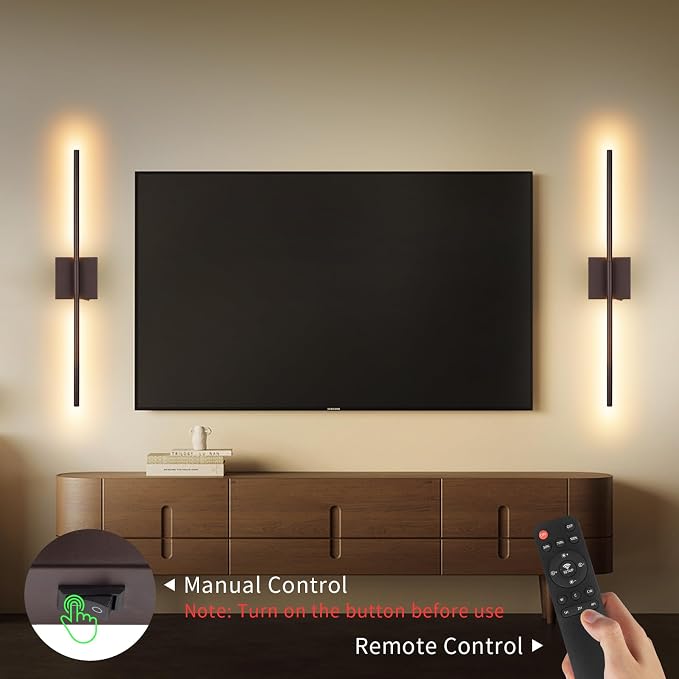 Battery Operated Wall Sconce Set of Two with Remote Control, Rechargeable & Dimmable Wireless, Easy Install Peel and Stick, Timer Function, Linear Wall Lights for Living Room, Bedroom, 28.3 inch (Orb)