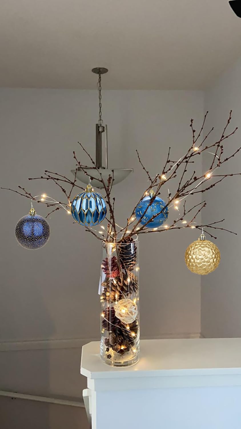 92ct Christmas Tree Decoration Set Christmas Ball Ornaments with Srtings Shatterproof Christmas Baubles for Christmas Holiday Wreath Garland Party Decoration, Blue-Gold