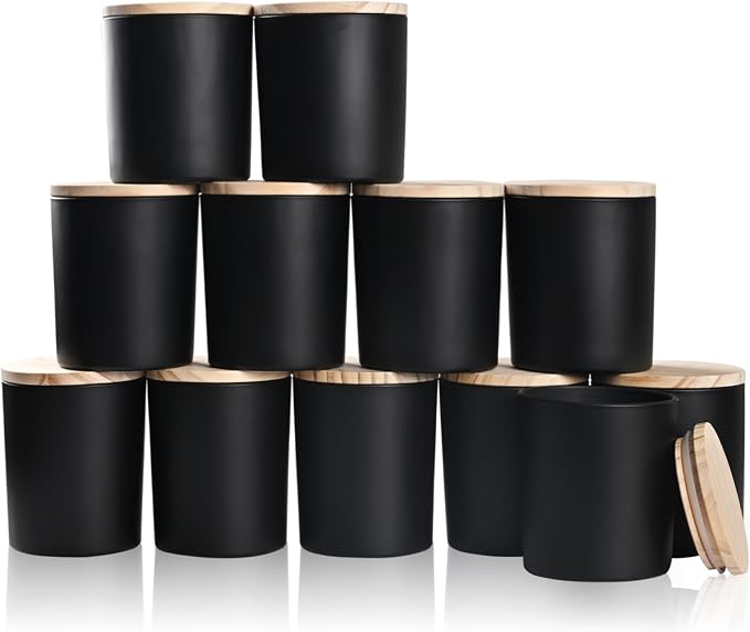 SHOWIN Thick Candle Jars for Making Candles 12 Pcs, 10 OZ Empty Jars with Wood Lids for Candle Making, Sample Container, Matte Black
