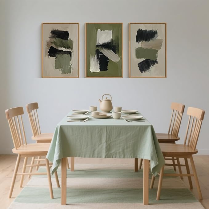 Green Abstract Framed Canvas Wall Art Set, Modern Brush Strokes Wall Decor,Neutral Tone Minimalist Green and Black Color Block Art Print for Living Room,Bedroom,Dining Room, Office-24 x36 x3