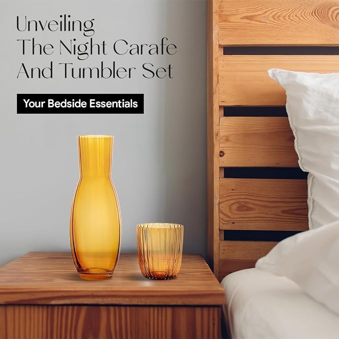 American Atelier 40 oz Bedside Water Carafe with Tumbler – 10.63" Ribbed 2-Piece Glass Set, Pitcher with Cup Lid for Nightstand, Guest Room, Office, Durable & Elegant Drinkware (Amber) (Pack of 2)
