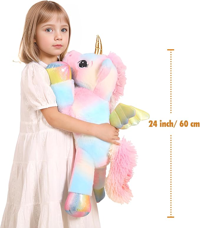FFxiong 24 Inch Multicolored Big Unicorn Stuffed Animal Plush Toy Pillow, Cute Soft Giant Unicorn with Rainbow Wings Large Doll, Gift for Children Girl Boy Kids Birthday Valentine Christmas