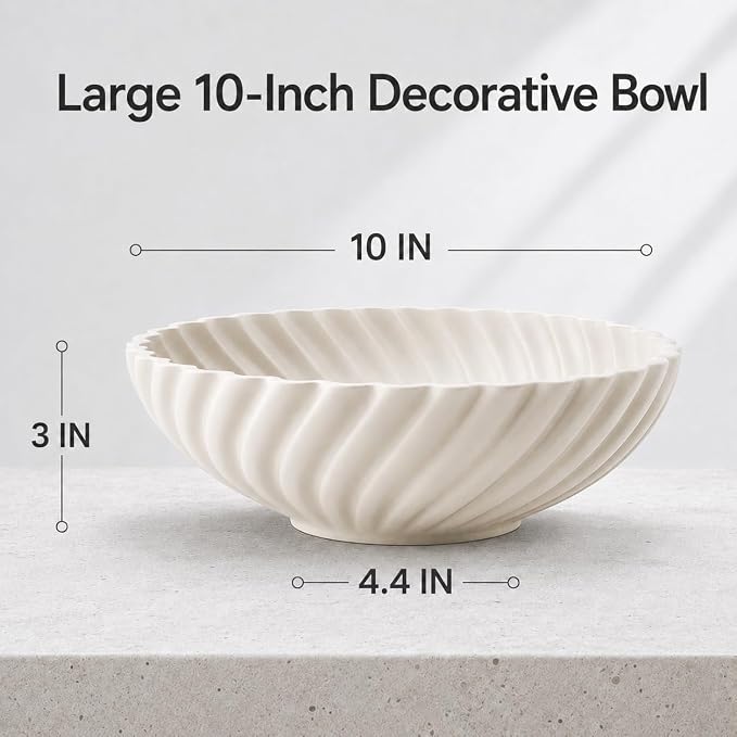10'' Ceramic Decorative Bowl - Stylish Fruit Bowl for Kitchen Counter - Key Bowl for Entryway Table Decor - Large Decorative Bowls for Home Decor - Modern Home Decor Accents White