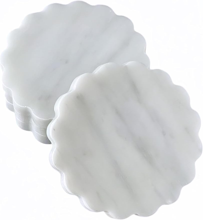 Marble Coasters Set of 4 - Natural Stone Coaster for Drinks, Modern Cup Holders, Bar Coffee Table Desk Decor, Cool Home Decor 4" (Calacatta White, Scalloped Wave)