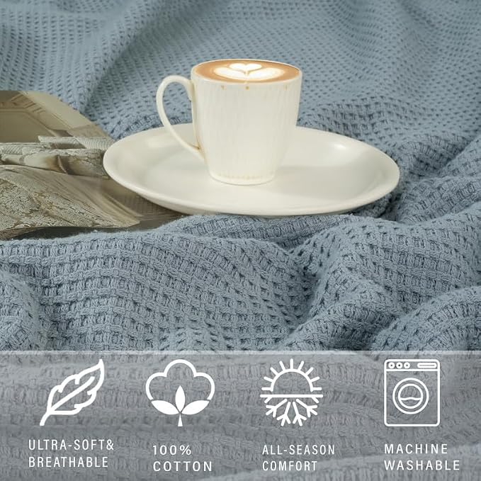 TreeWool Premium 100% Cotton Waffle Summer King Blanket (90"x108", Gray) | 420 GSM Breathable Lightweight Moisture Wicking Soft Knit Thermal Blanket for Bed or Sofa All-season Comfort Machine Washable
