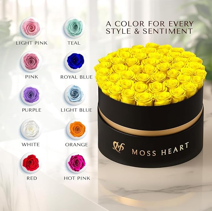 50 Petite Preserved Roses, Designer Round Box, Real Forever Roses Last 1+ Year, Premium Gift for Women, Wife, Girlfriend, Mother’s Day, Birthday, Anniversary, Valentine’s Day