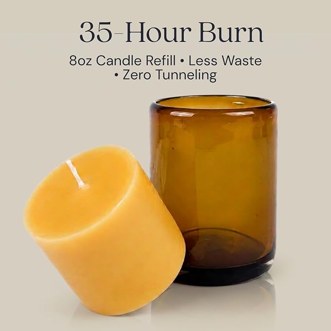Bluecorn Beeswax Candle Refill – 8oz Amber Glass Jar, 100% Pure Beeswax, Unscented – 35 Hr Long Burn, Cotton Wick, Non Toxic – Handmade in USA, 1 Count