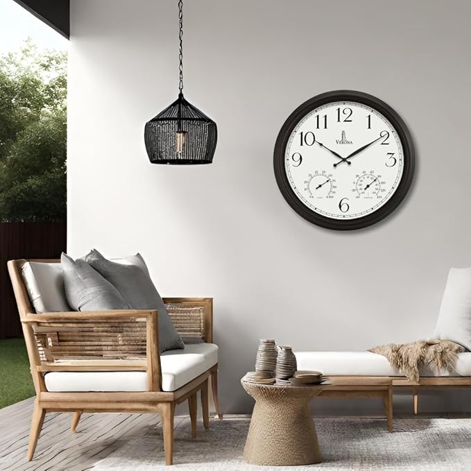 24 inch Outdoor Clocks for Patio Large Waterproof with Thermometer - Black Outdoor Wall Clock with Temperature and Humidity Combo - Weatherproof, Accurate & Easy to Read for Pool, Garden & Home Decor