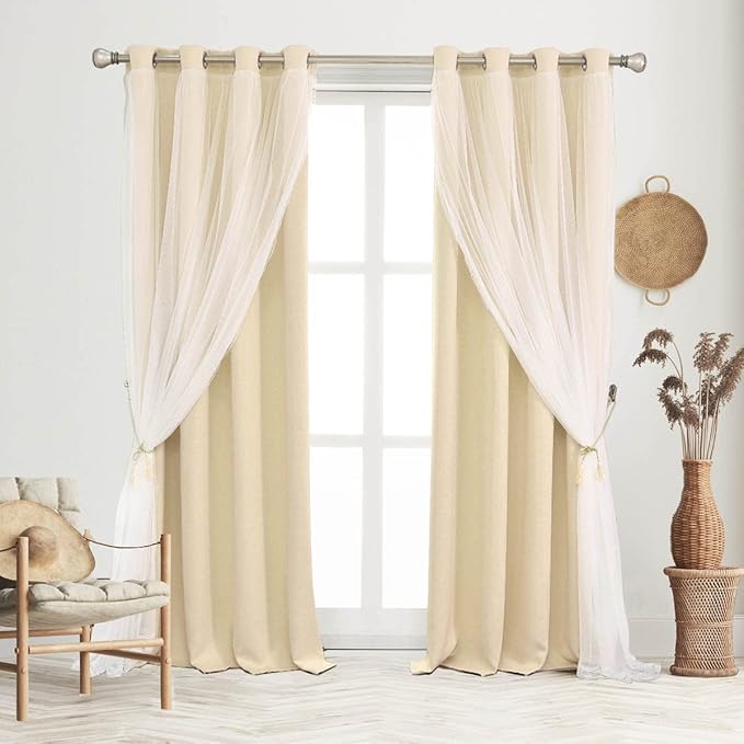 Blackout Curtains Set - Farmhouse Mix & Match Sheer Light Blocking Drapes Beige Window Treatments with Tie-Backs for Living Room, Bedroom 52 x 84 inches, Biscotti Beige, 2 Pieces