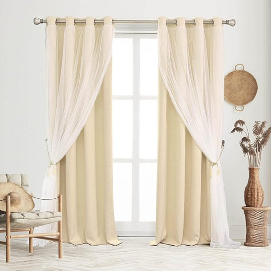 Blackout Curtains Set - Farmhouse Mix & Match Sheer Light Blocking Drapes Beige Window Treatments with Tie-Backs for Living Room, Bedroom 52 x 84 inches, Biscotti Beige, 2 Pieces