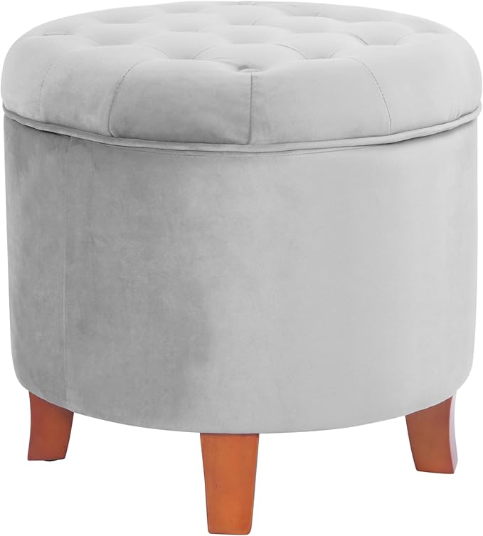 Homepop Home Decor | Upholstered Round Velvet Tufted Foot Rest Ottoman | Ottoman with Storage for Living Room & Bedroom | Decorative Home Furniture, Gray Small