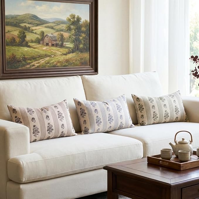 Amor Virisso Floral Throw Pillow Covers 12 x 20 Set of 2 Block Print Pillow Covers Neutral Floral Striped Farmhouse Decorative Pillow Covers for Sofa Couch Bed, Light Blue