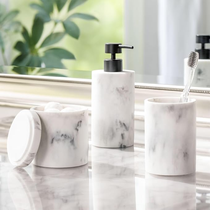 mDesign Printed Resin 3-Piece Bathroom Vanity Countertop Accessories - Soap Dispenser, Tumbler Rinsing Cup, and Canister Holder Sets - Complete Modern Counter Aesthetic - Set of 3 - Marble