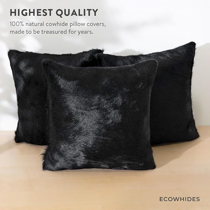ecowhides 100% Genuine Brazilian Cowhide Pillow Cover – Solid Black – Double-Sided – Luxury Leather Decorative Cushion for Rustic & Western Home Décor – 15” x 15”