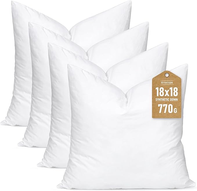 Artscope Synthetic Down Pillow Insert, 18x18 Down Alternative Throw Pillow Insert. Ultra Soft Fluffy Sleeping Pillow with 100% Cotton Cover, Decorative Pillows Set of 4-White.