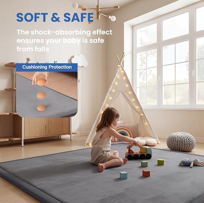 Huloo Sleep Ultra Soft Baby Play Mat for Floor, 1.3" Thick Elasti-Foam 59x59 Play Mat for Playpen,Water-Repellent Coral Velvet for Tummy Time, Non-Slip Backing,Safe for Toddlers & Infants(Dark Grey)