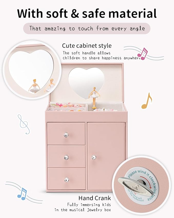VLANDO Musical Jewelry Box for Girls, Large Kid Music Box with Ballerina for Birthday Bedroom Decor, 4 Layer Girl Jewelry Gifts for Girls Kids - Pink
