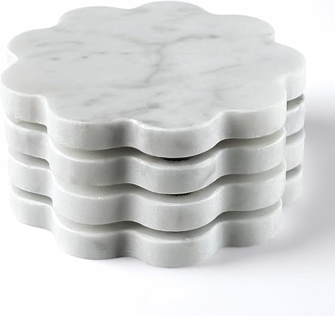 Marble Coasters Set of 4 - Natural Stone Coaster for Drinks, Modern Cup Holders, Bar Coffee Table Desk Decor, Cool Home Decor 4" (Calacatta White, Scalloped Round)